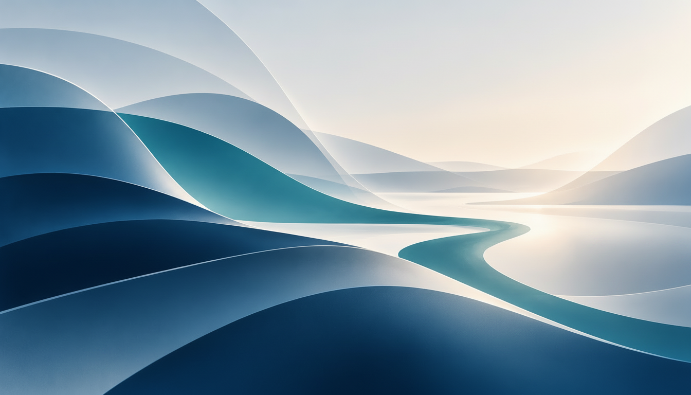 Edit this existing abstract blue, teal, white, and cream flowing-wave background image by subtly reducing and softening the bright sunlight/glow on the right side. Keep the same composition, flowing shapes, colors, gradients, and overall premium calm medical aesthetic. Do not add objects or text; only lessen the intense sunlight on the right.