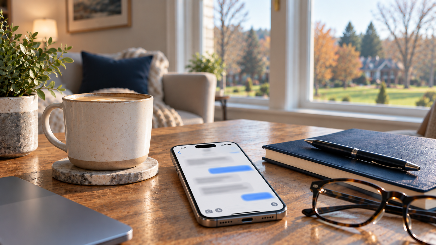 A warm, sunlit home workspace with a smartphone showing a messaging app, a coffee mug, glasses, and a notebook on a wooden table — evoking the ease and comfort of connecting with your doctor directly from home.